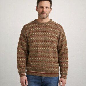 Vintage Mens Fair Isle Style Geometric Wool Blend Sweater M Brown Lodge Grandpa